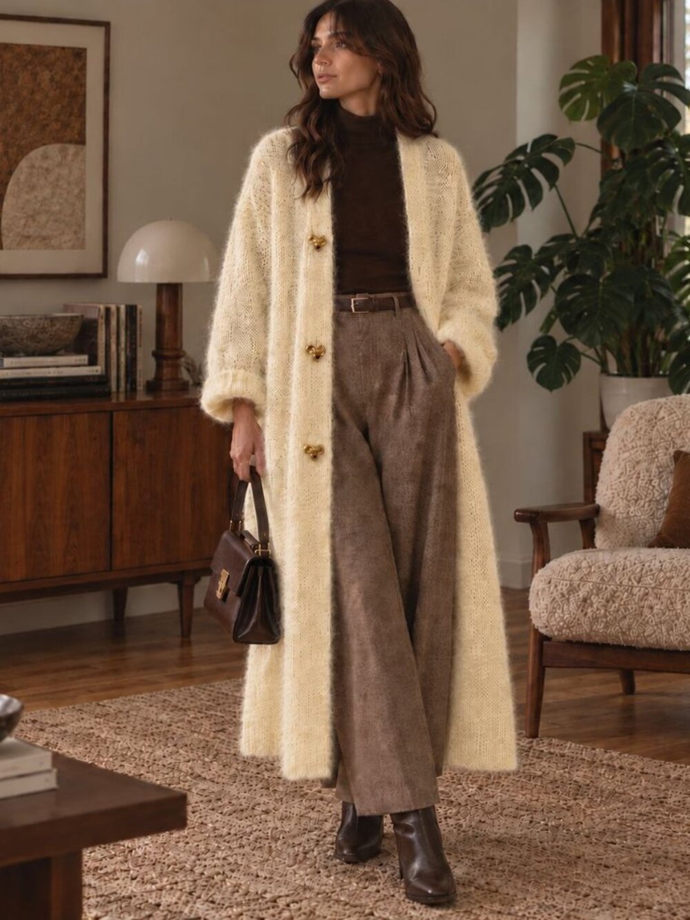 Vintage Sadimara 80% Mohair Duster Cardigan Cream Gold Buttons 80s 90s Size M
